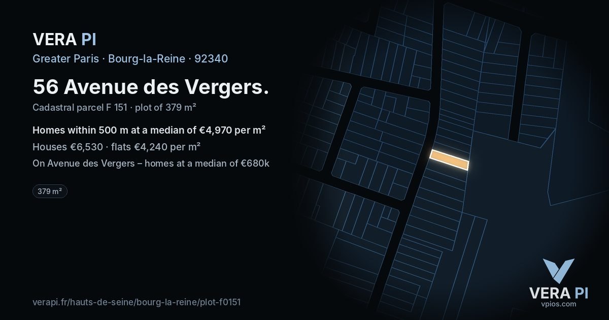 56 Avenue des Vergers, Bourg-la-Reine at night – the plot lit, the parcels around coloured by the prices near them