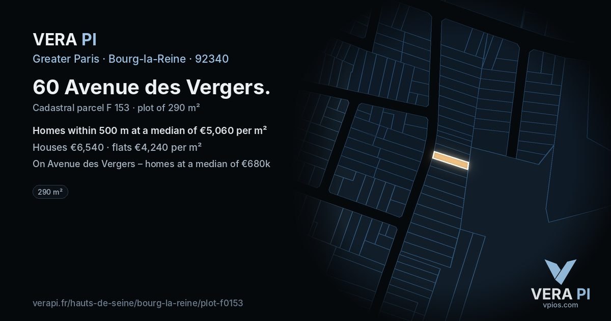 60 Avenue des Vergers, Bourg-la-Reine at night – the plot lit, the parcels around coloured by the prices near them