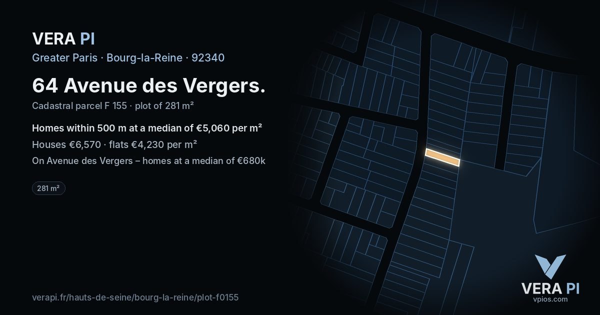 64 Avenue des Vergers, Bourg-la-Reine at night – the plot lit, the parcels around coloured by the prices near them