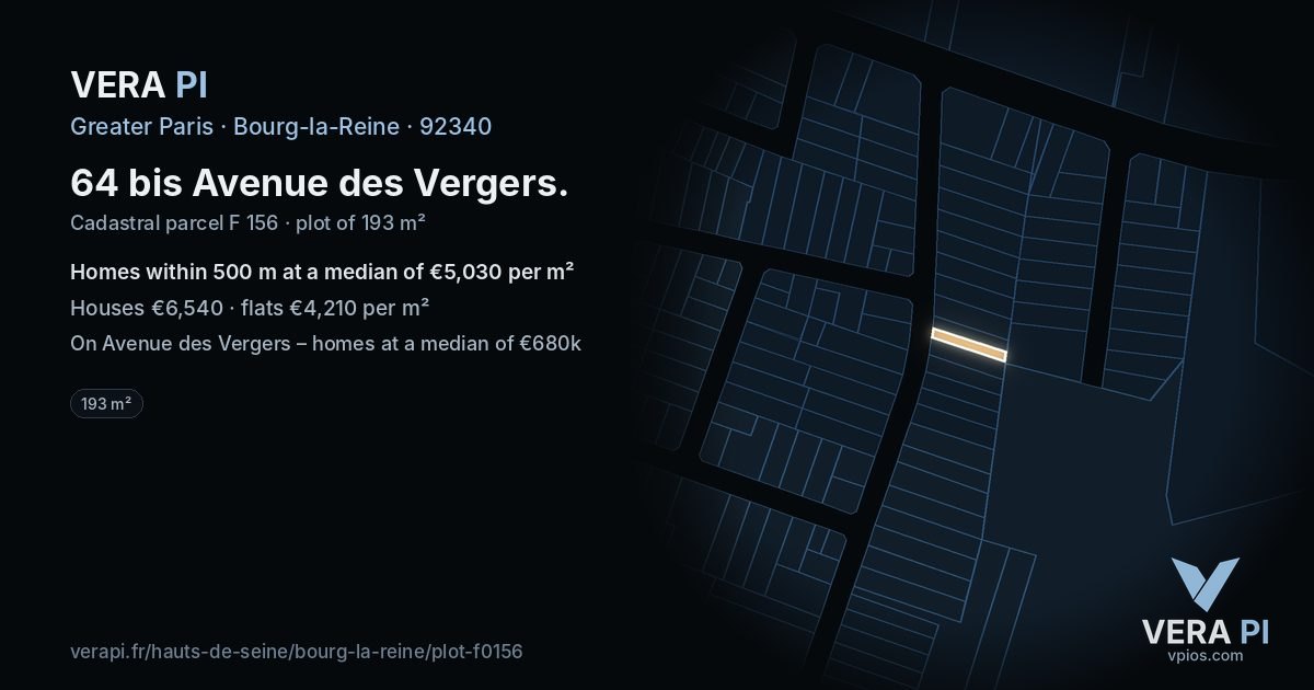 64 bis Avenue des Vergers, Bourg-la-Reine at night – the plot lit, the parcels around coloured by the prices near them