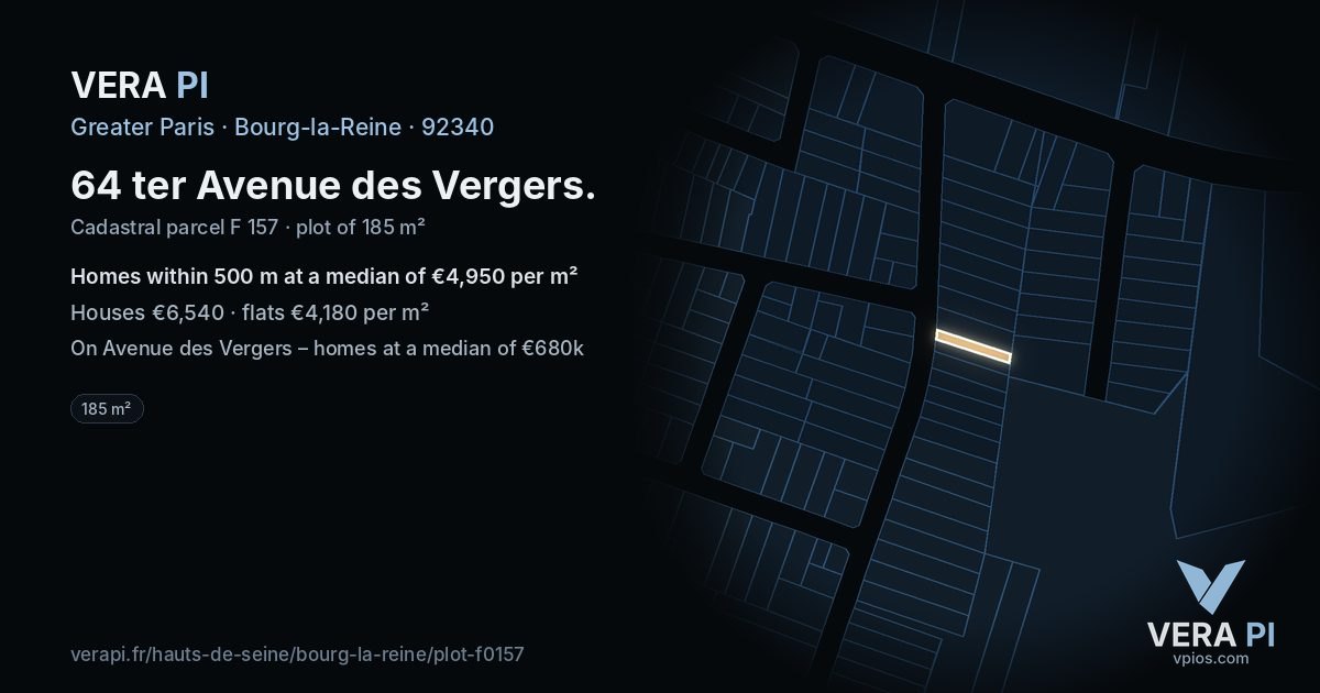64 ter Avenue des Vergers, Bourg-la-Reine at night – the plot lit, the parcels around coloured by the prices near them