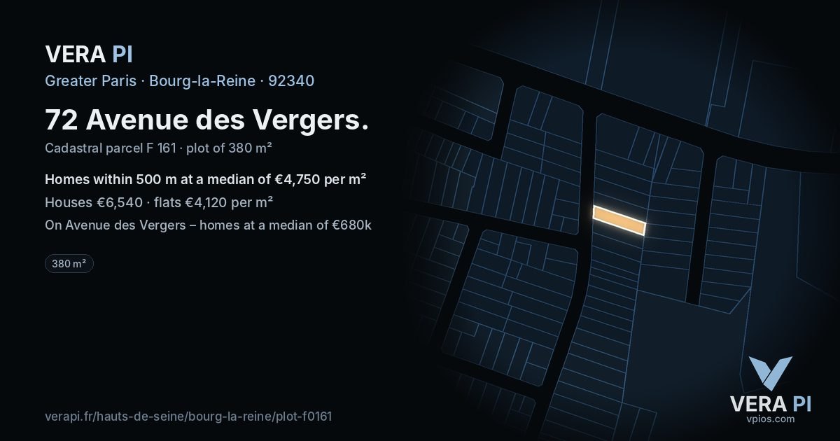 72 Avenue des Vergers, Bourg-la-Reine at night – the plot lit, the parcels around coloured by the prices near them