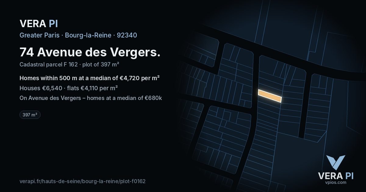 74 Avenue des Vergers, Bourg-la-Reine at night – the plot lit, the parcels around coloured by the prices near them