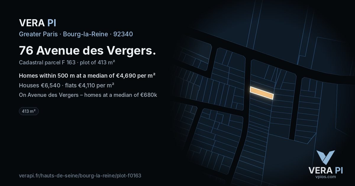 76 Avenue des Vergers, Bourg-la-Reine at night – the plot lit, the parcels around coloured by the prices near them