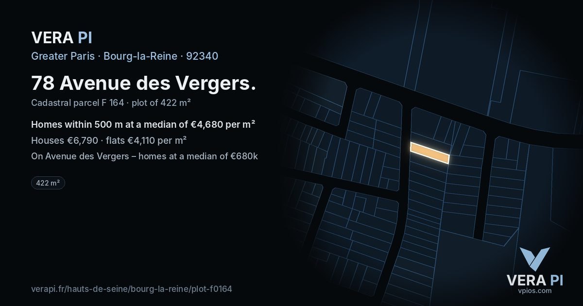 78 Avenue des Vergers, Bourg-la-Reine at night – the plot lit, the parcels around coloured by the prices near them