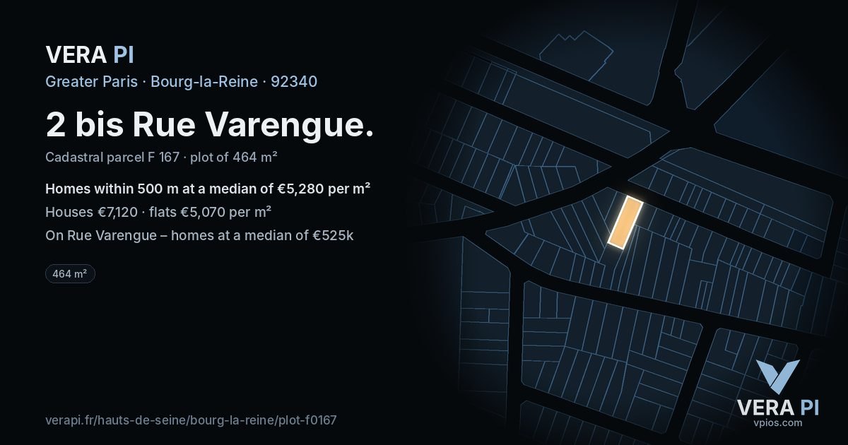 2 bis Rue Varengue, Bourg-la-Reine at night – the plot lit, the parcels around coloured by the prices near them