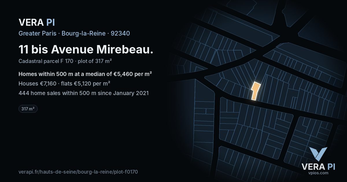 11 bis Avenue Mirebeau, Bourg-la-Reine at night – the plot lit, the parcels around coloured by the prices near them
