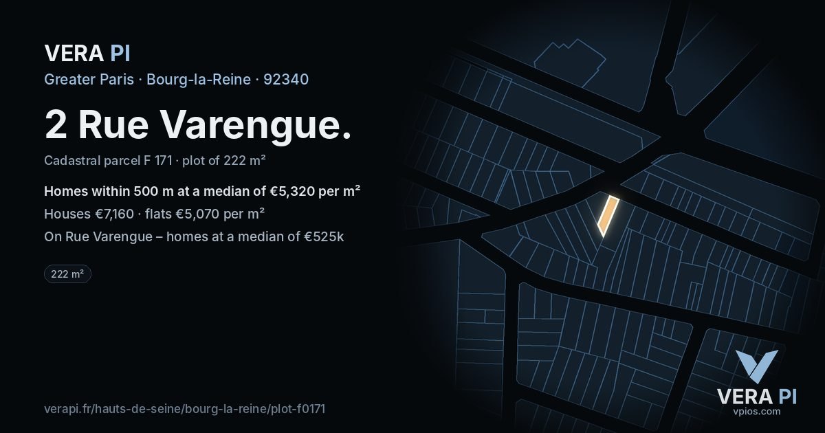 2 Rue Varengue, Bourg-la-Reine at night – the plot lit, the parcels around coloured by the prices near them