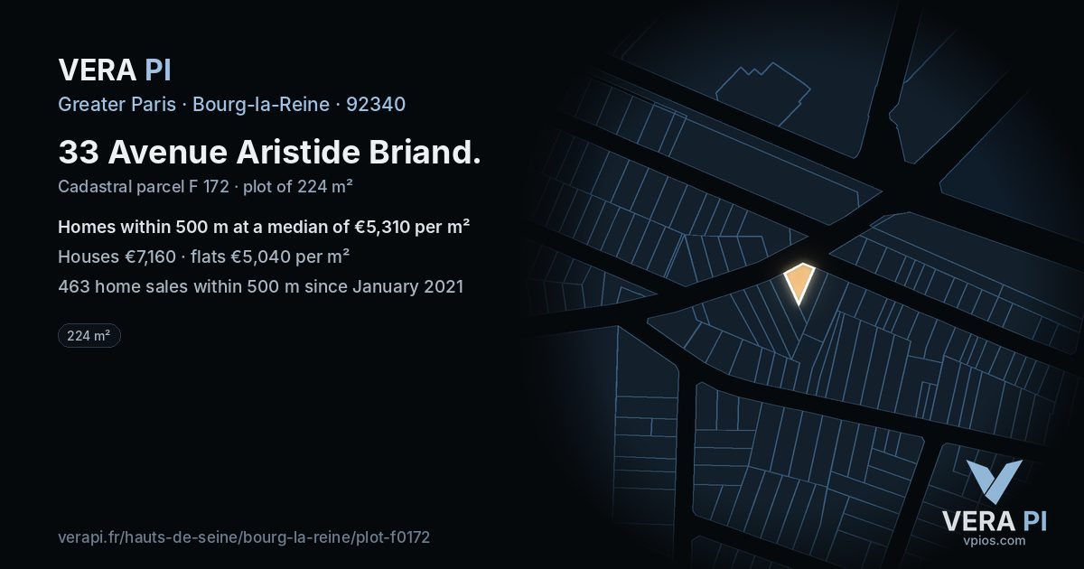 33 Avenue Aristide Briand, Bourg-la-Reine at night – the plot lit, the parcels around coloured by the prices near them
