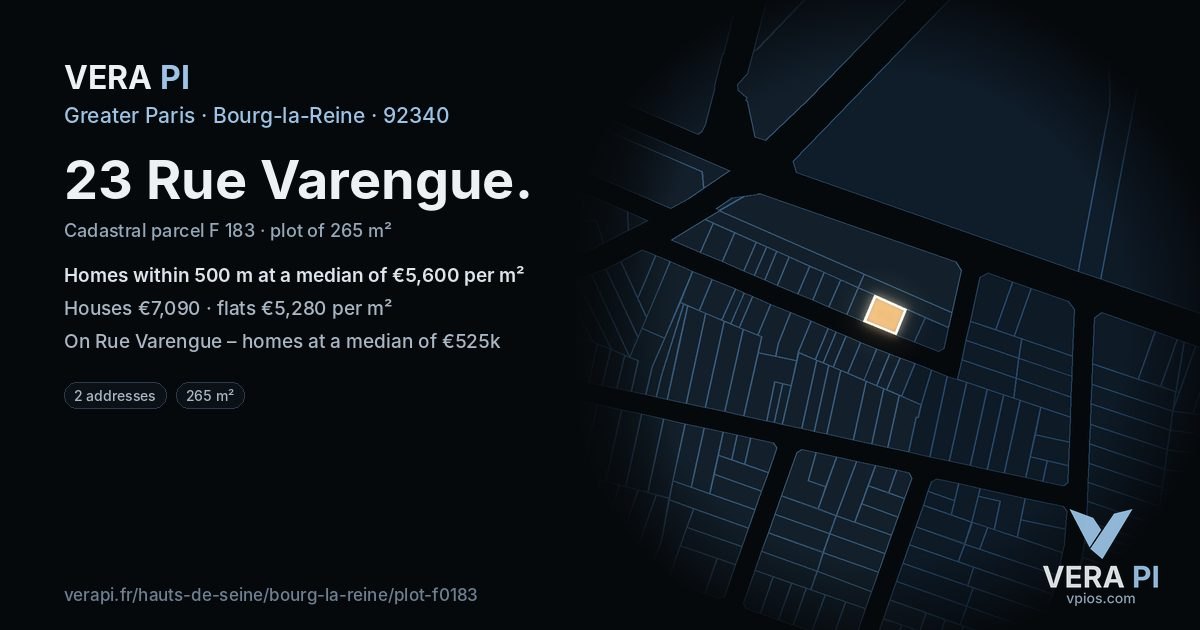 23 Rue Varengue, Bourg-la-Reine at night – the plot lit, the parcels around coloured by the prices near them