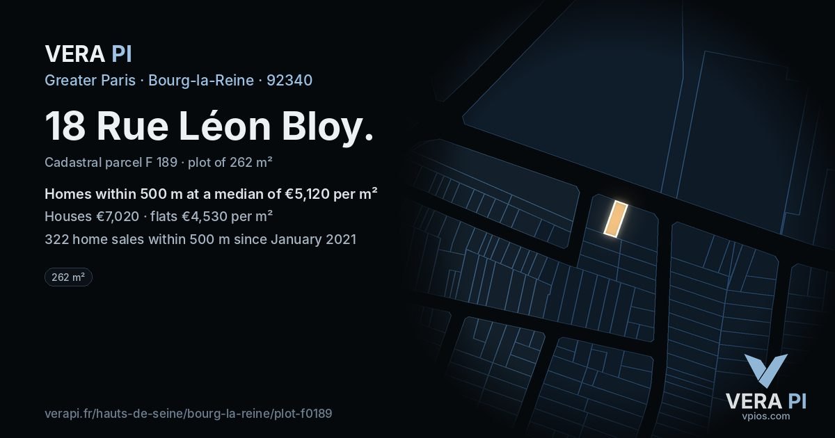 18 Rue Léon Bloy, Bourg-la-Reine at night – the plot lit, the parcels around coloured by the prices near them