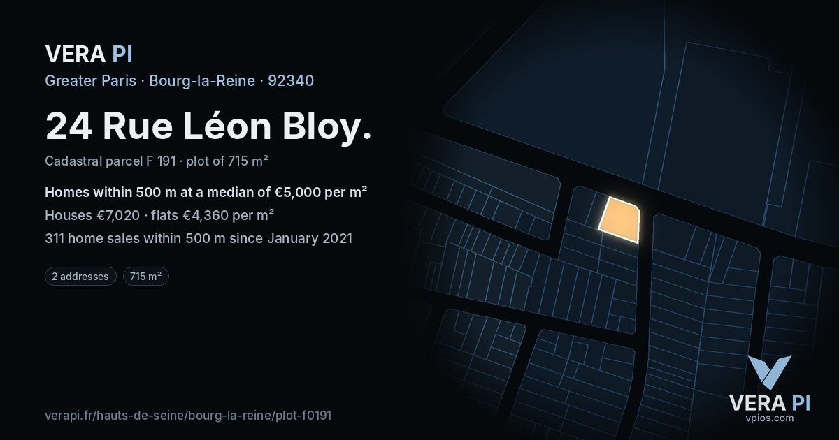 24 Rue Léon Bloy, Bourg-la-Reine at night – the plot lit, the parcels around coloured by the prices near them