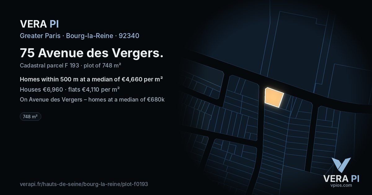 75 Avenue des Vergers, Bourg-la-Reine at night – the plot lit, the parcels around coloured by the prices near them