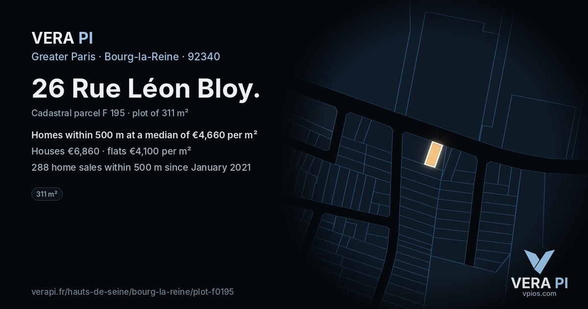 26 Rue Léon Bloy, Bourg-la-Reine at night – the plot lit, the parcels around coloured by the prices near them