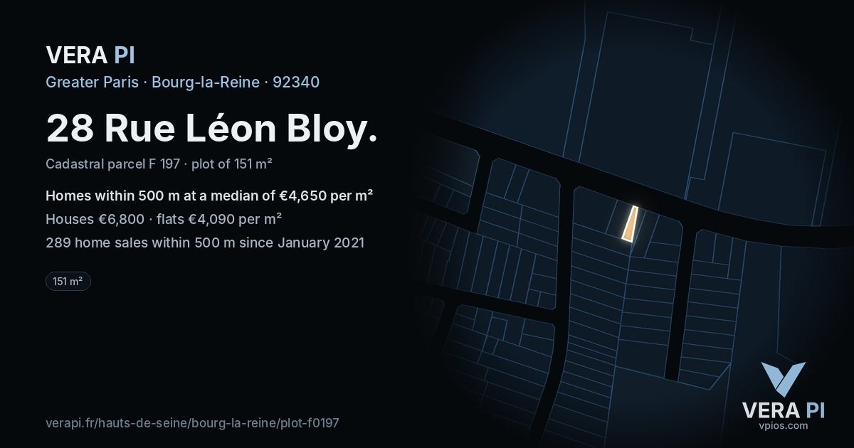 28 Rue Léon Bloy, Bourg-la-Reine at night – the plot lit, the parcels around coloured by the prices near them