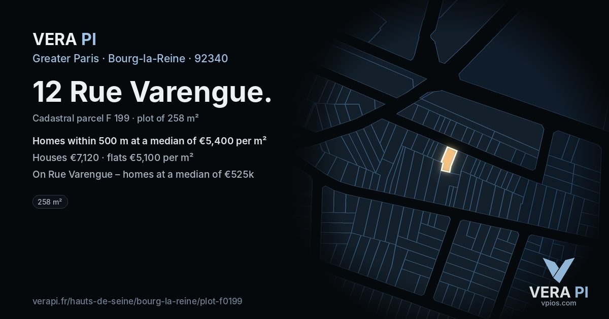 12 Rue Varengue, Bourg-la-Reine at night – the plot lit, the parcels around coloured by the prices near them