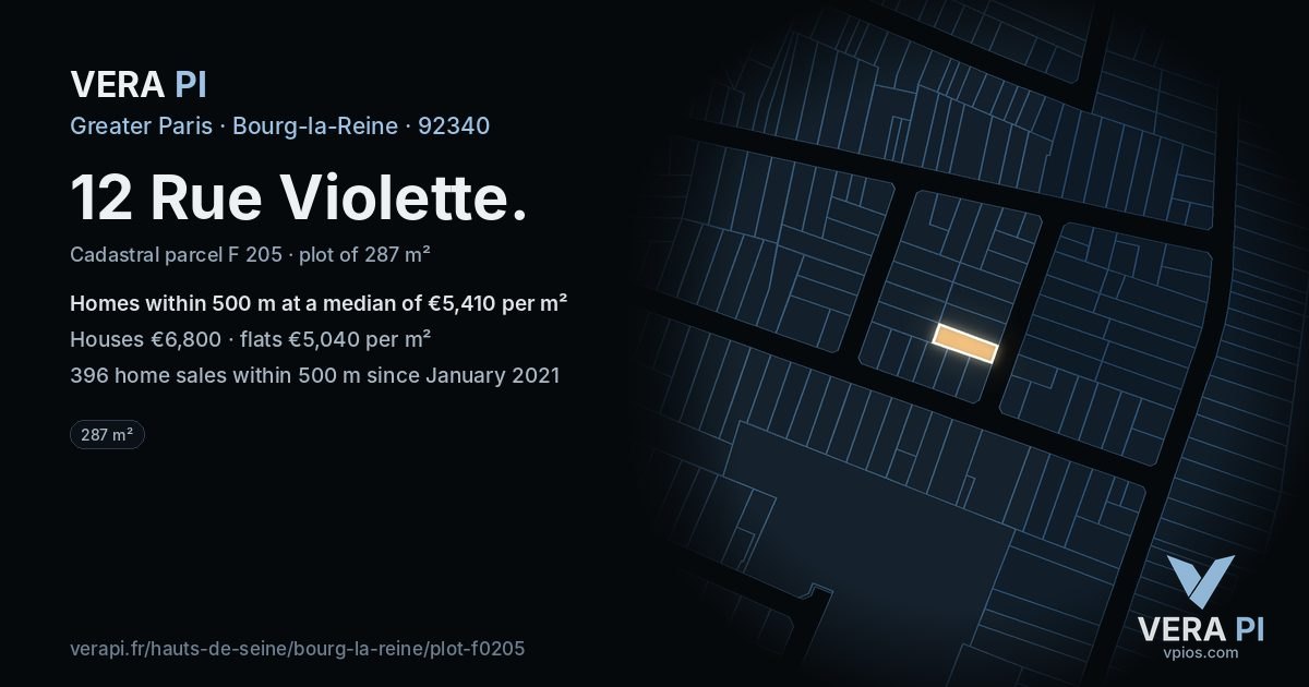 12 Rue Violette, Bourg-la-Reine at night – the plot lit, the parcels around coloured by the prices near them