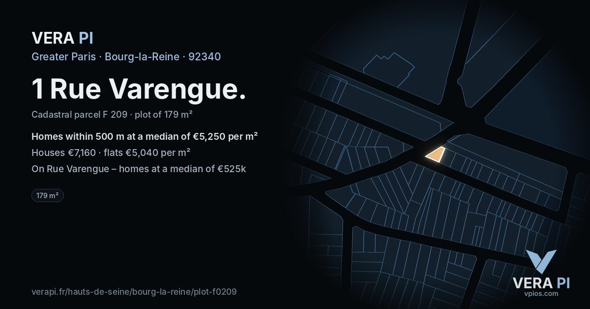 1 Rue Varengue, Bourg-la-Reine at night – the plot lit, the parcels around coloured by the prices near them