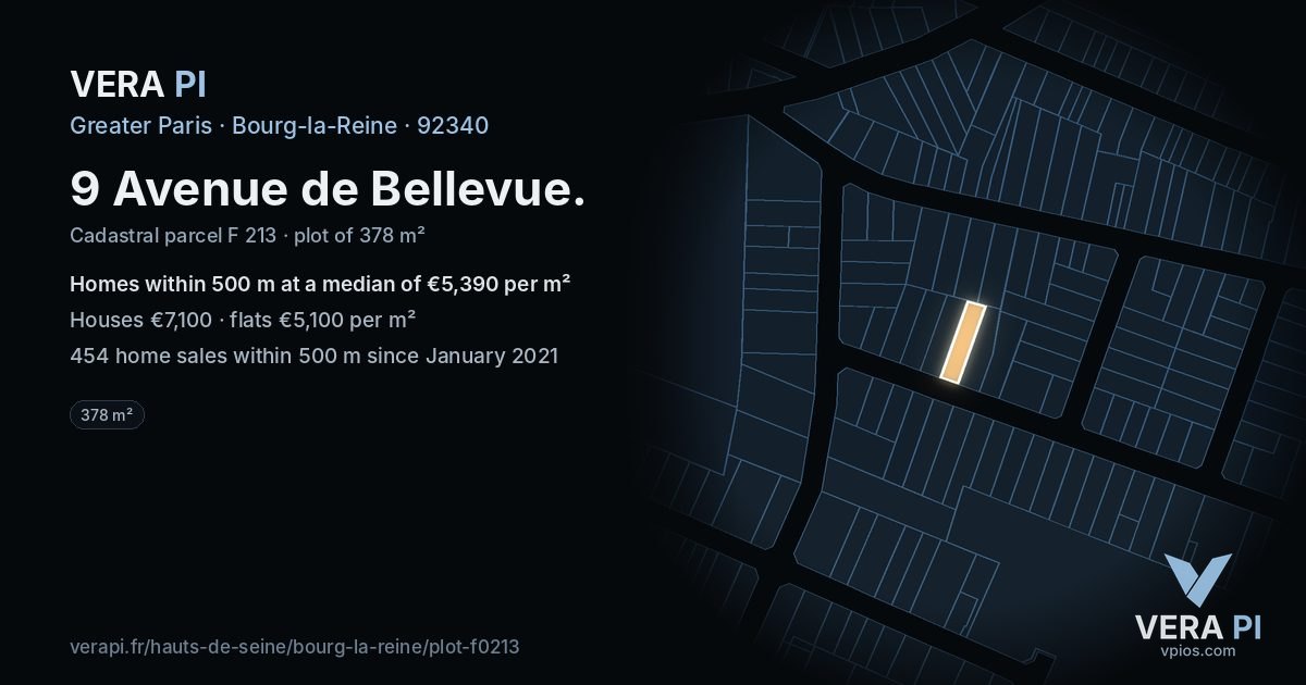 9 Avenue de Bellevue, Bourg-la-Reine at night – the plot lit, the parcels around coloured by the prices near them