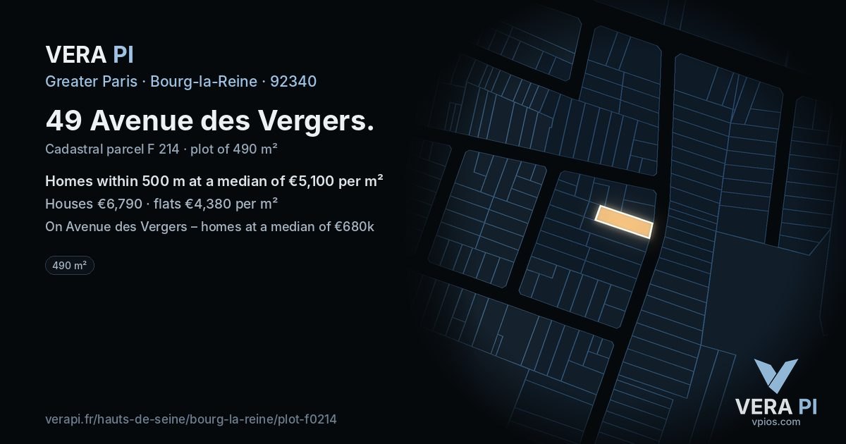 49 Avenue des Vergers, Bourg-la-Reine at night – the plot lit, the parcels around coloured by the prices near them
