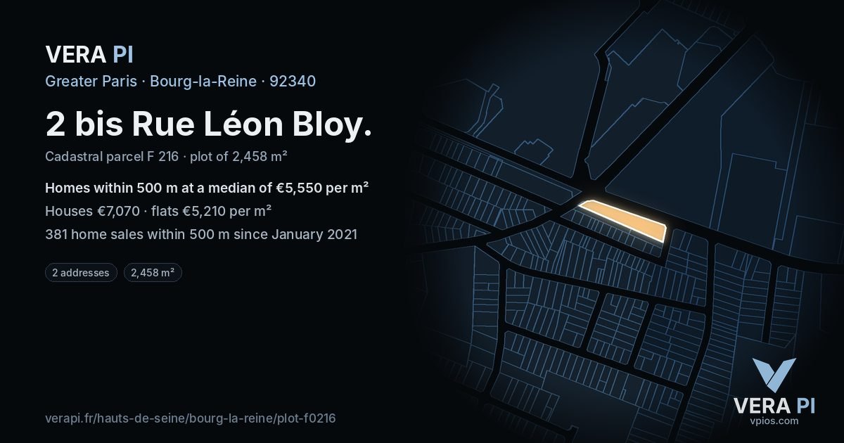 2 bis Rue Léon Bloy, Bourg-la-Reine at night – the plot lit, the parcels around coloured by the prices near them