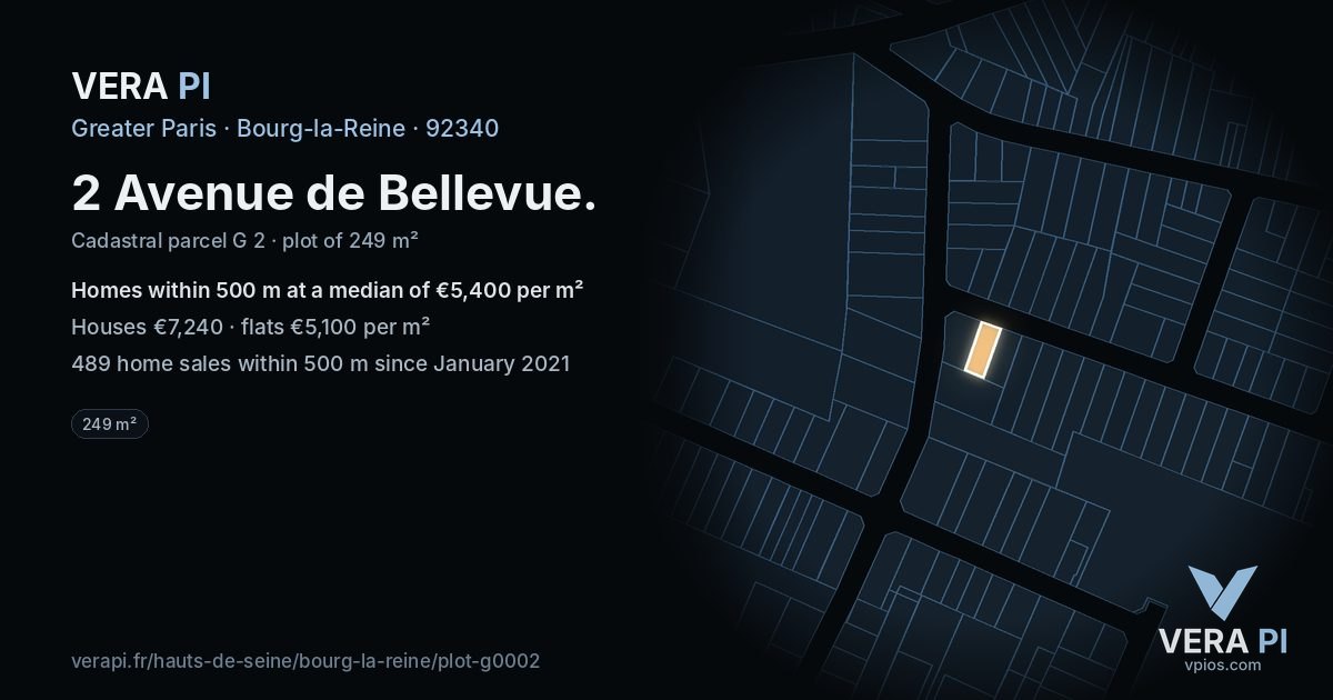 2 Avenue de Bellevue, Bourg-la-Reine at night – the plot lit, the parcels around coloured by the prices near them