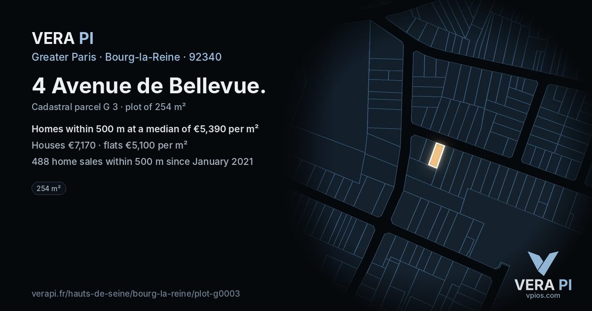 4 Avenue de Bellevue, Bourg-la-Reine at night – the plot lit, the parcels around coloured by the prices near them