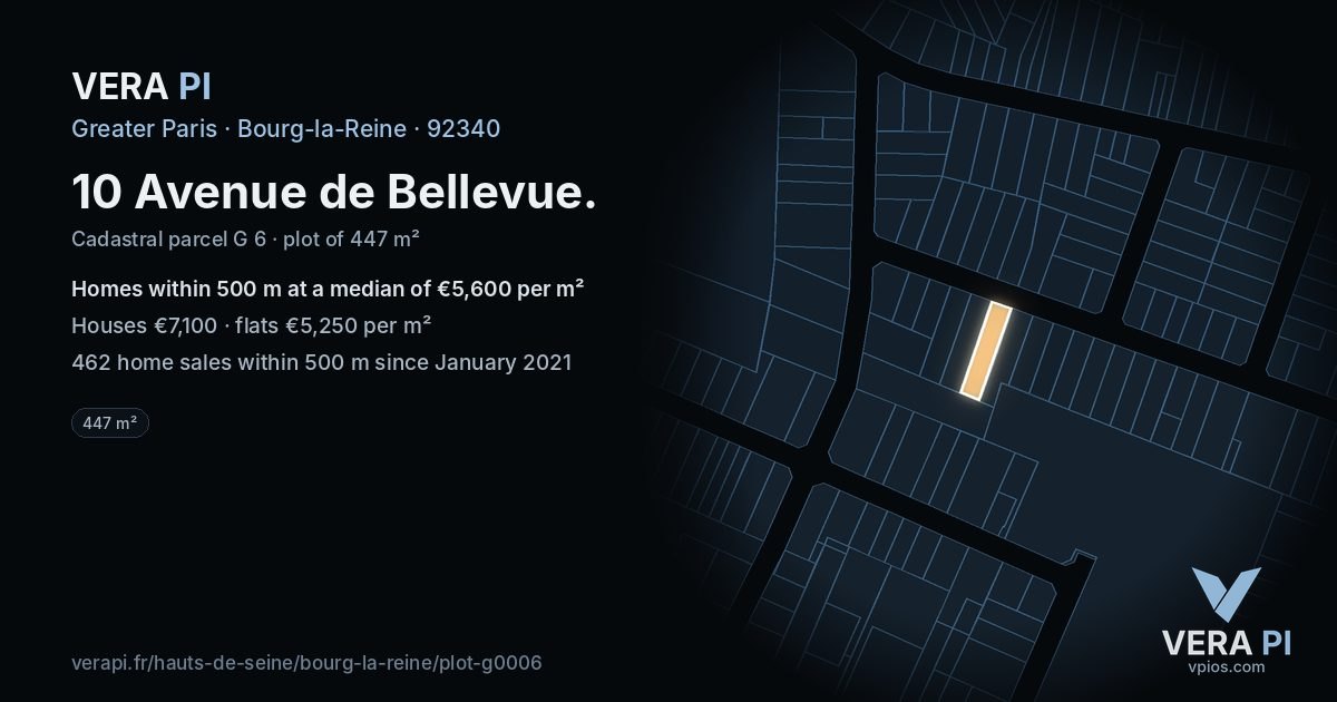 10 Avenue de Bellevue, Bourg-la-Reine at night – the plot lit, the parcels around coloured by the prices near them