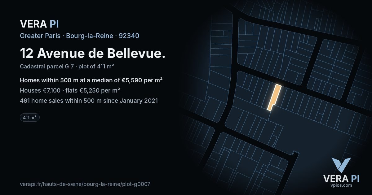 12 Avenue de Bellevue, Bourg-la-Reine at night – the plot lit, the parcels around coloured by the prices near them