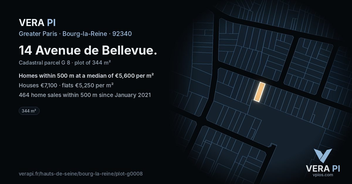 14 Avenue de Bellevue, Bourg-la-Reine at night – the plot lit, the parcels around coloured by the prices near them