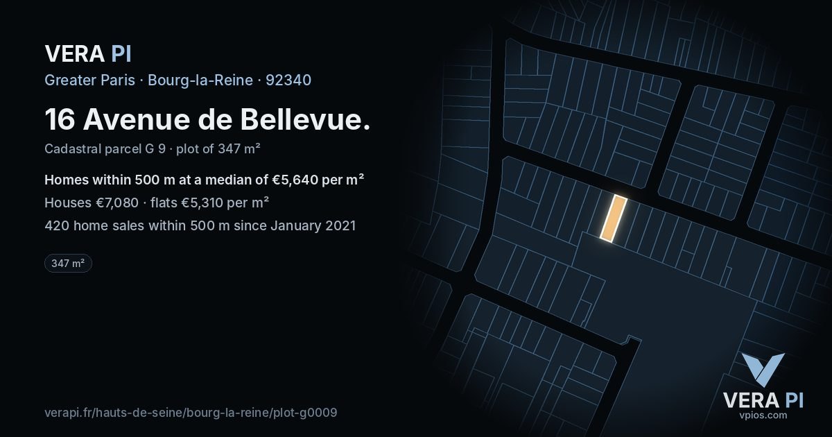 16 Avenue de Bellevue, Bourg-la-Reine at night – the plot lit, the parcels around coloured by the prices near them