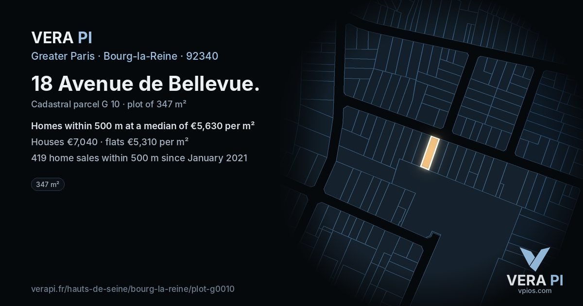18 Avenue de Bellevue, Bourg-la-Reine at night – the plot lit, the parcels around coloured by the prices near them