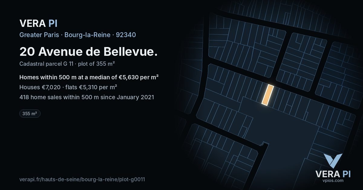 20 Avenue de Bellevue, Bourg-la-Reine at night – the plot lit, the parcels around coloured by the prices near them