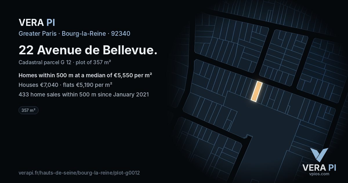 22 Avenue de Bellevue, Bourg-la-Reine at night – the plot lit, the parcels around coloured by the prices near them