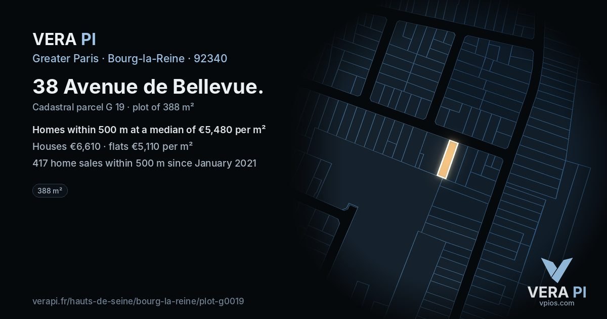 38 Avenue de Bellevue, Bourg-la-Reine at night – the plot lit, the parcels around coloured by the prices near them