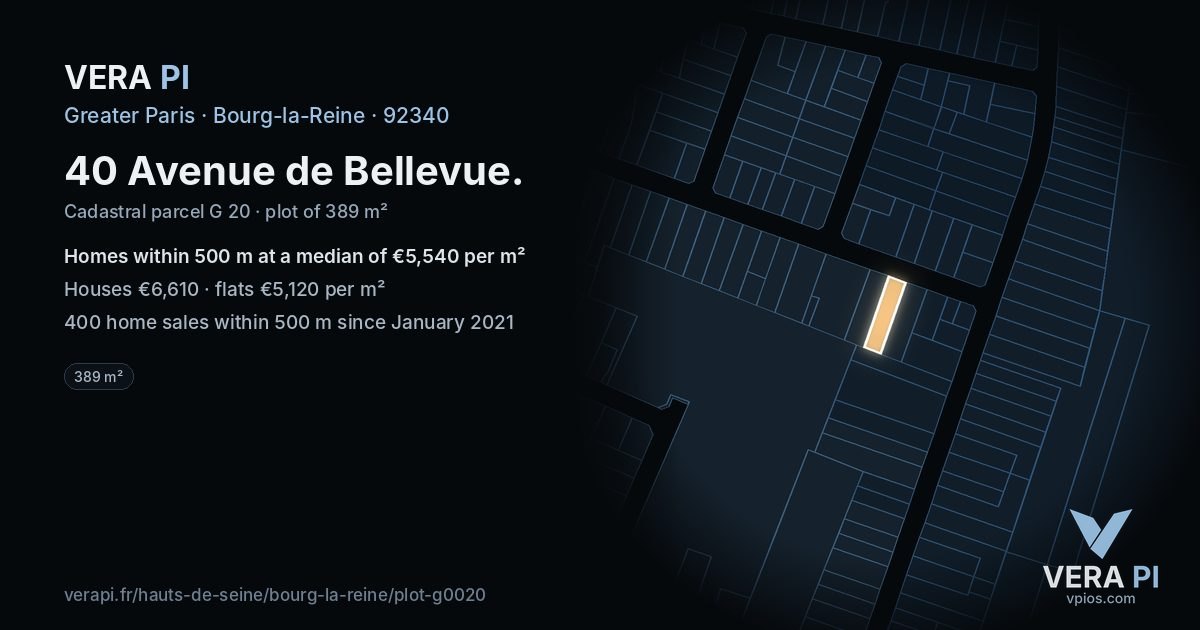 40 Avenue de Bellevue, Bourg-la-Reine at night – the plot lit, the parcels around coloured by the prices near them