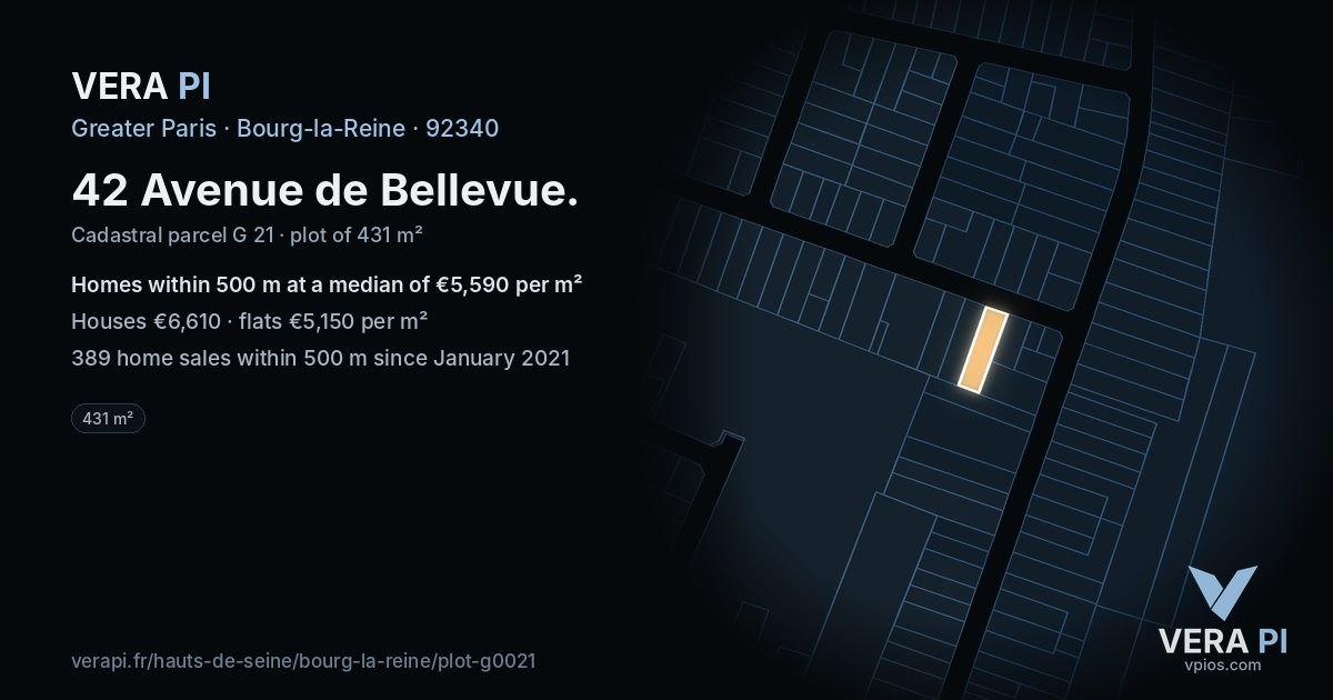 42 Avenue de Bellevue, Bourg-la-Reine at night – the plot lit, the parcels around coloured by the prices near them