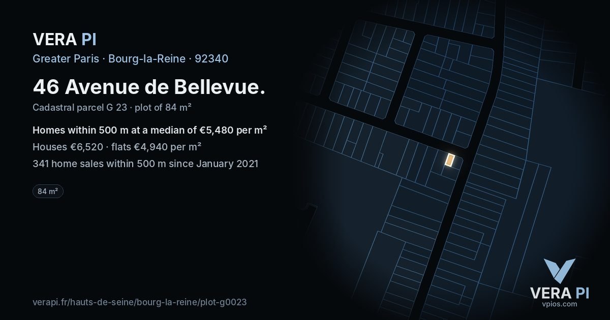 46 Avenue de Bellevue, Bourg-la-Reine at night – the plot lit, the parcels around coloured by the prices near them