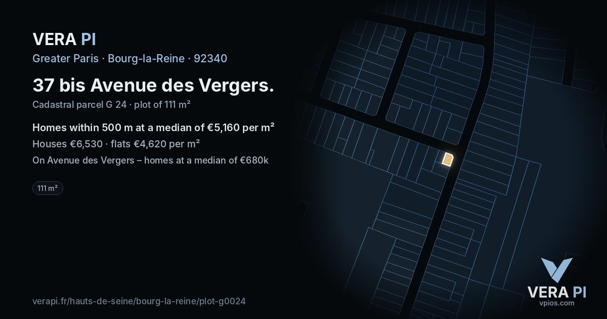 37 bis Avenue des Vergers, Bourg-la-Reine at night – the plot lit, the parcels around coloured by the prices near them
