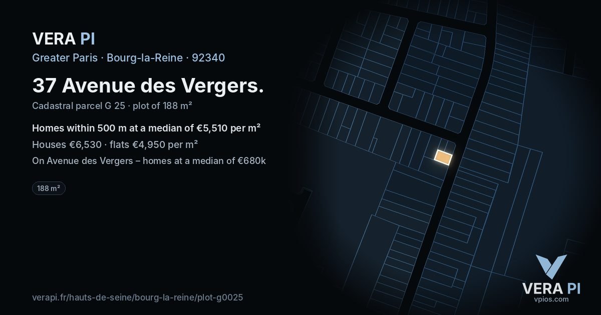 37 Avenue des Vergers, Bourg-la-Reine at night – the plot lit, the parcels around coloured by the prices near them