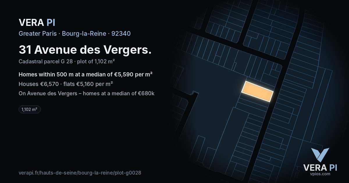 31 Avenue des Vergers, Bourg-la-Reine at night – the plot lit, the parcels around coloured by the prices near them