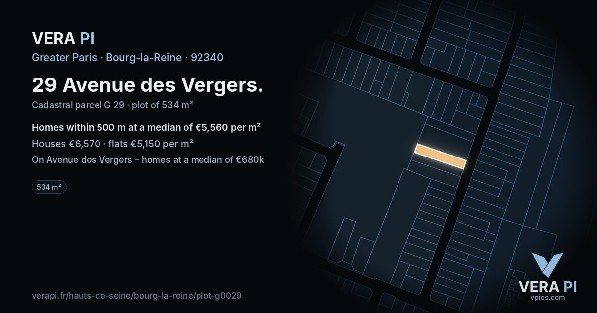 29 Avenue des Vergers, Bourg-la-Reine at night – the plot lit, the parcels around coloured by the prices near them