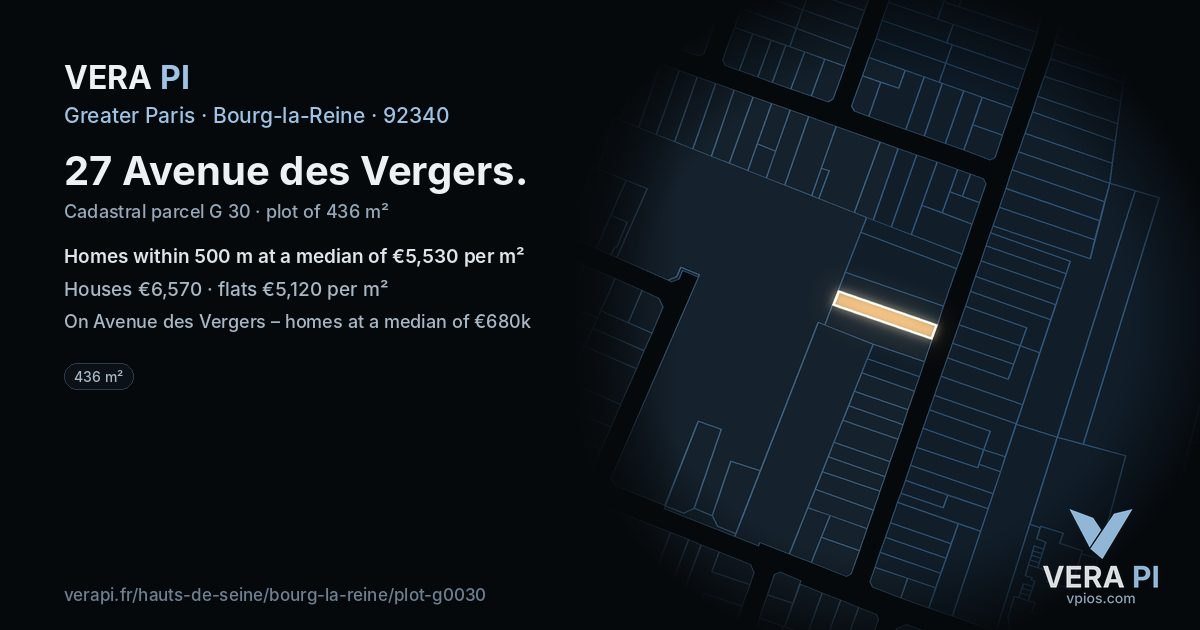 27 Avenue des Vergers, Bourg-la-Reine at night – the plot lit, the parcels around coloured by the prices near them
