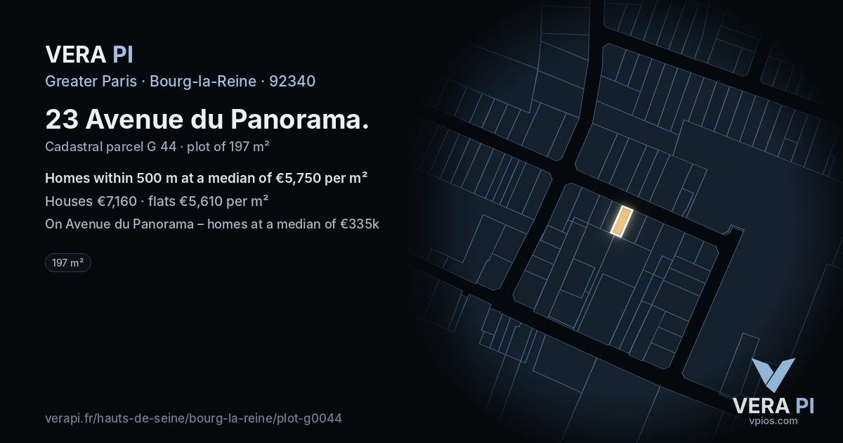 23 Avenue du Panorama, Bourg-la-Reine at night – the plot lit, the parcels around coloured by the prices near them
