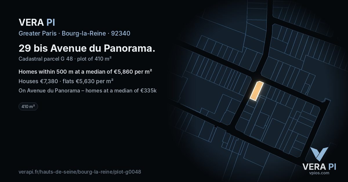 29 bis Avenue du Panorama, Bourg-la-Reine at night – the plot lit, the parcels around coloured by the prices near them