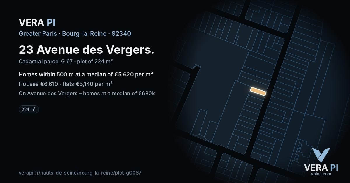 23 Avenue des Vergers, Bourg-la-Reine at night – the plot lit, the parcels around coloured by the prices near them
