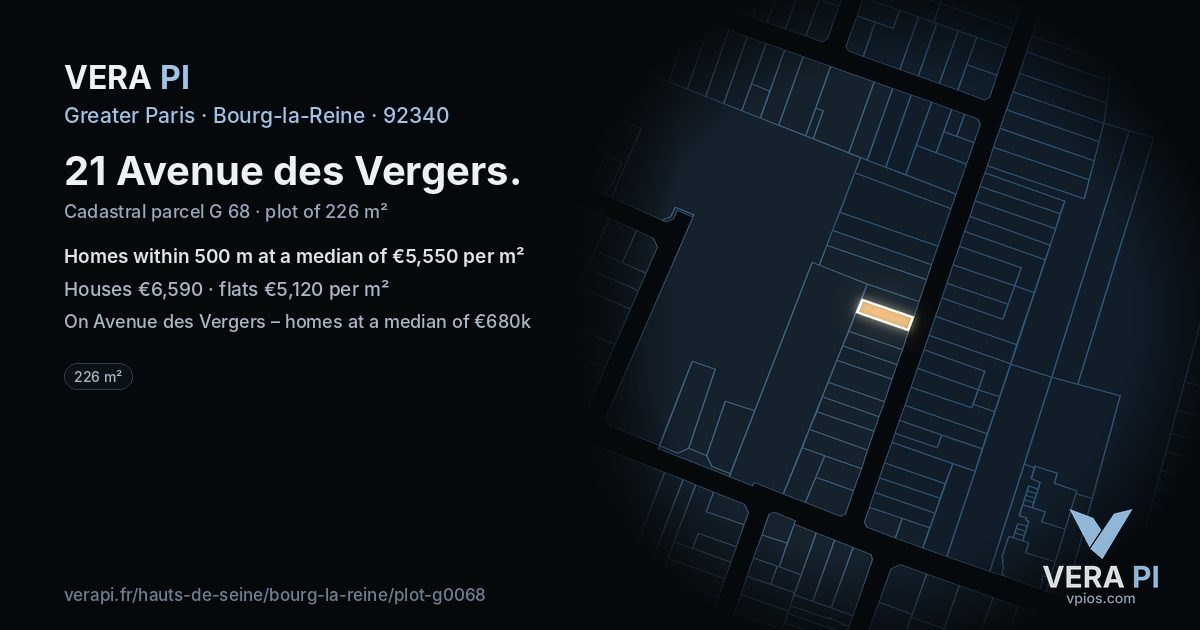 21 Avenue des Vergers, Bourg-la-Reine at night – the plot lit, the parcels around coloured by the prices near them