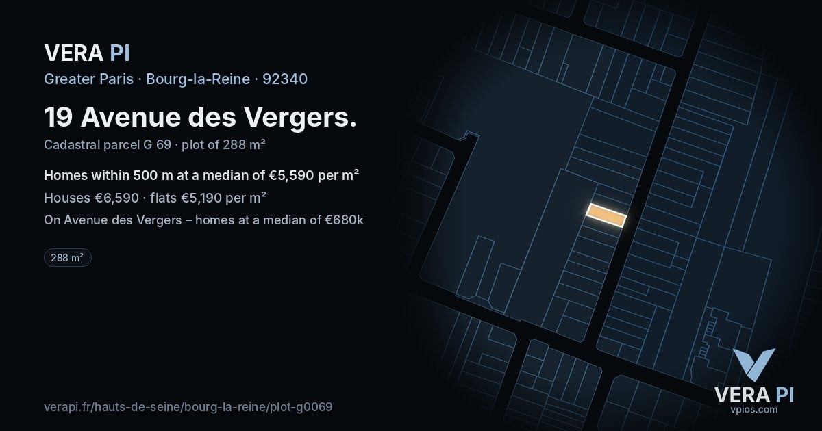 19 Avenue des Vergers, Bourg-la-Reine at night – the plot lit, the parcels around coloured by the prices near them
