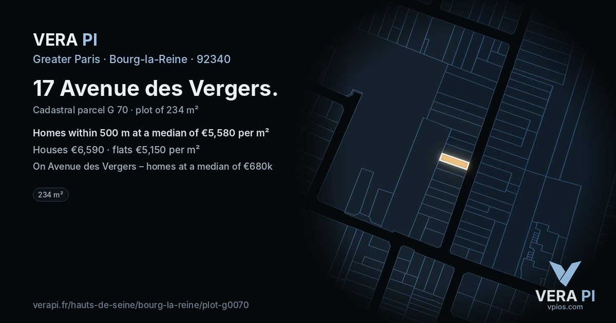 17 Avenue des Vergers, Bourg-la-Reine at night – the plot lit, the parcels around coloured by the prices near them
