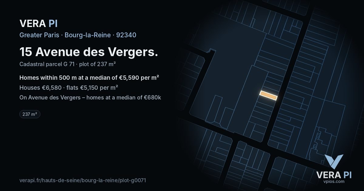15 Avenue des Vergers, Bourg-la-Reine at night – the plot lit, the parcels around coloured by the prices near them